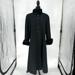 Vintage DonnyBrook Black 100% Wool Rabbit Fur Trim Long Over Coat Chic Women's 8